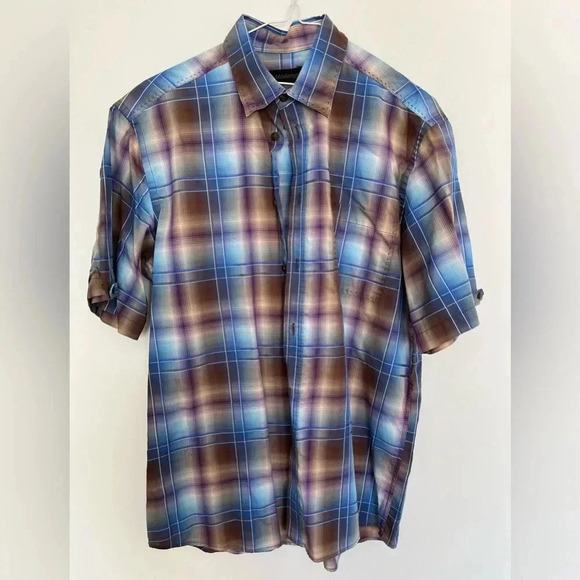 Modango Blue and Brown Plaid Shirt size medium - Picture 2 of 5